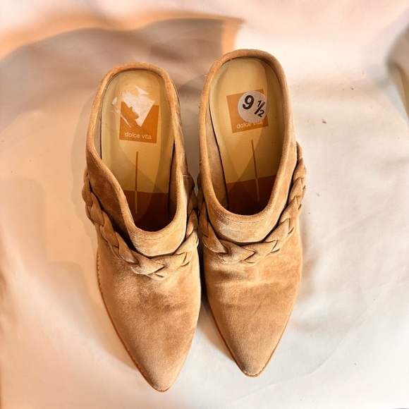 DOLCE VITA Sz 9.5 Tan Suede Braided Mules Stacked Heels Pointy Toe Shoes NWOT - Picture 3 of 15